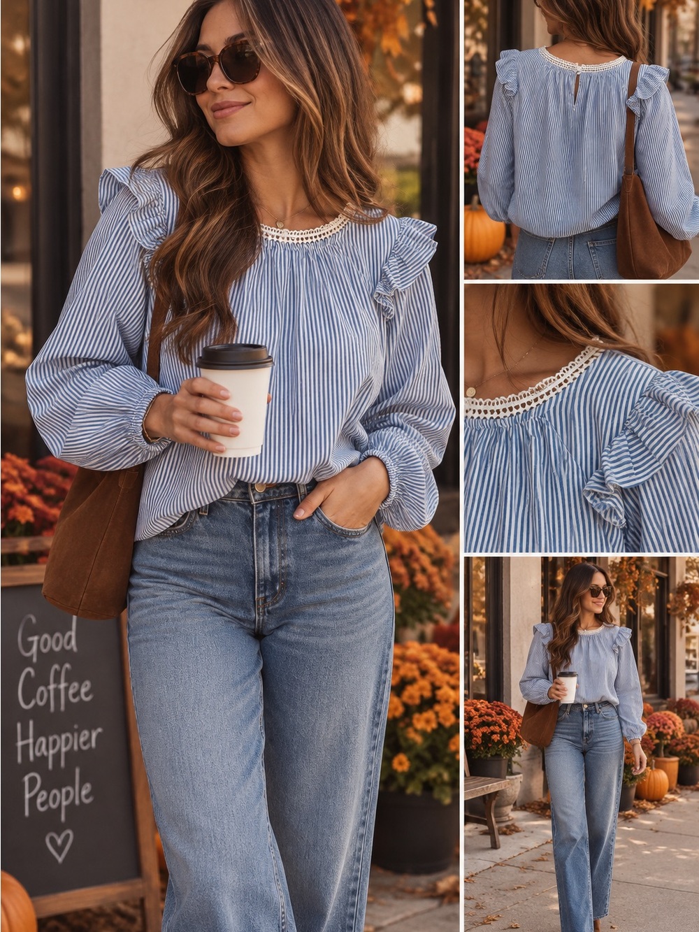 J. Crew Blue and White Striped Ruffle-Shoulder Peasant Blouse